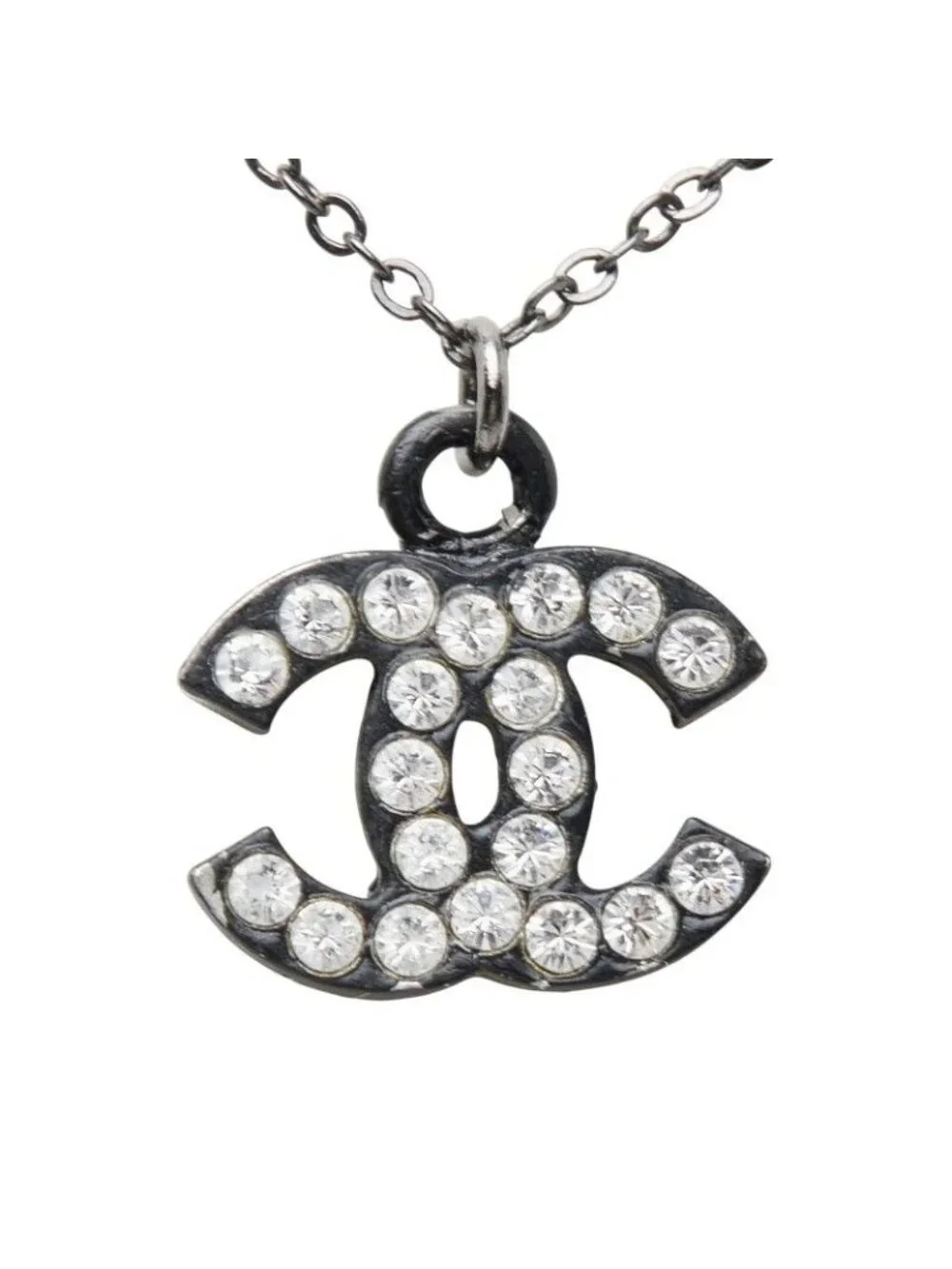 Chanel CC Logo Necklace Black Metal Rhinestone